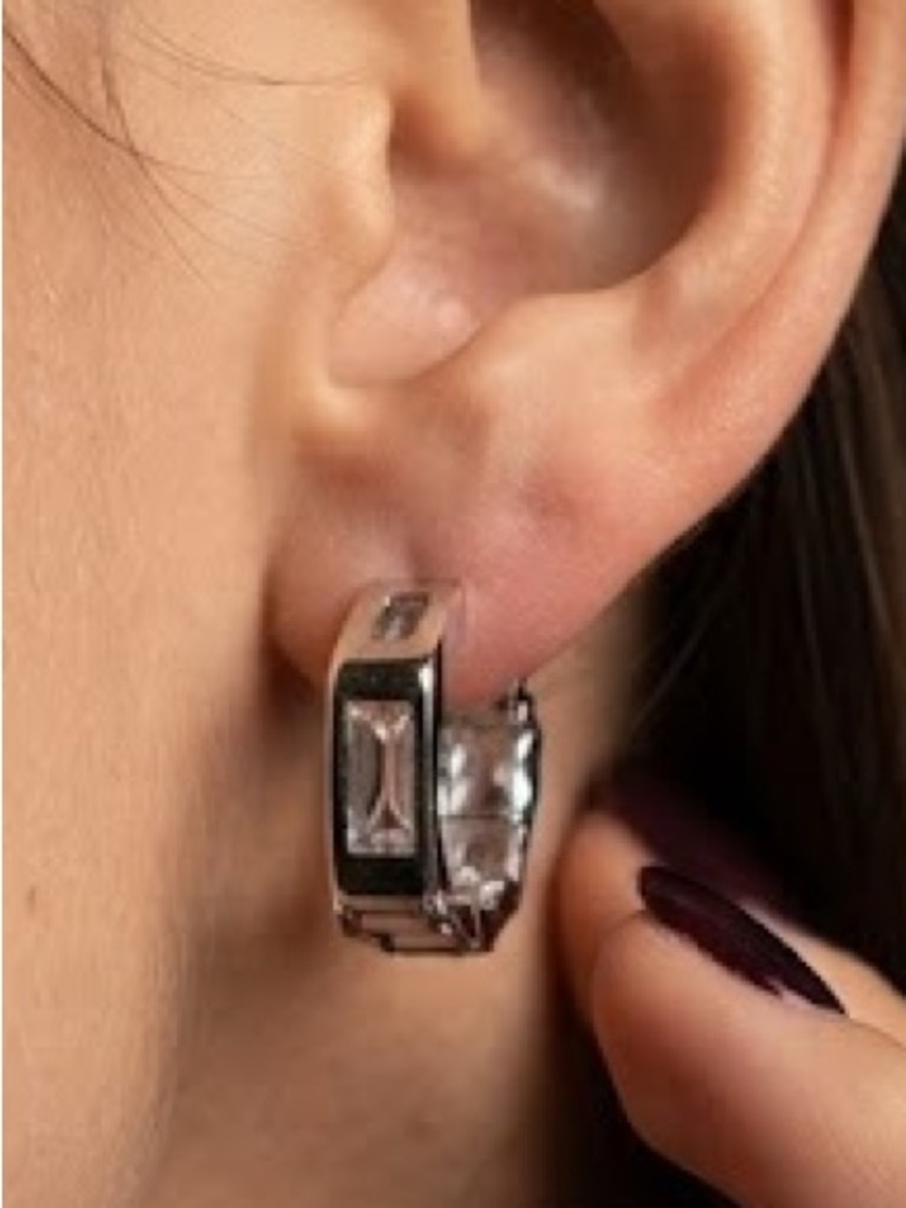 Polished Silver 925 Huggie Hoop Earrings with Clear Crystal